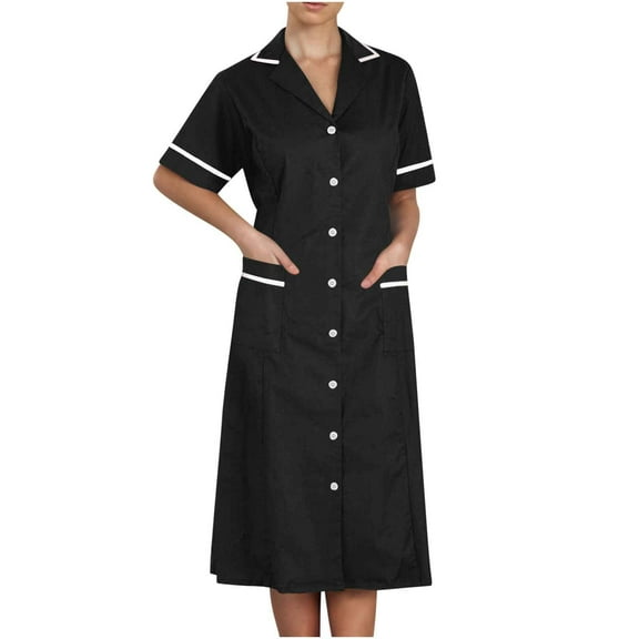 Yghzkop Caregiver Uniform Dress for Women Medical Scrubs Solid Color Lapel Button Front Pocket Professional Healthcare Workwear Midi Dress Moisture Wicking