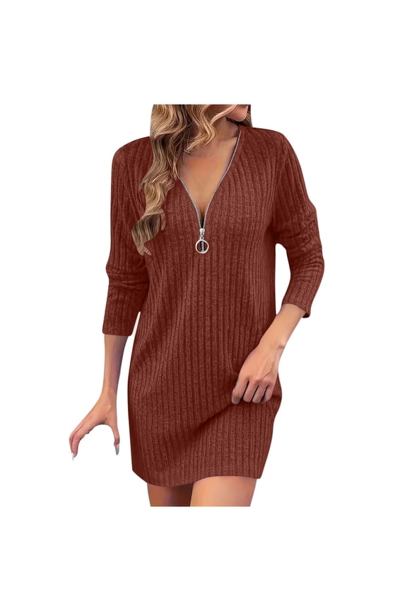 Casual Dresses for Women Solid Color Dress Long Sleeve V Neck Jumpsuit Bodycon Sweatshirt Dress Brushed Ribbed Knit Fabric Zip Front Plunge Neck Chic Fall Winter Streetwear Fashion