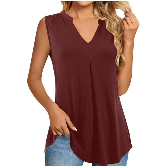 Yghzkop Casual Tank Tops for Women V Neck Sleeveless Solid Color Top Pleated Tunic Shirt Top Summer Lightweight T Shirts Fashion Blouse