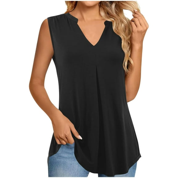 Yghzkop Casual Tank Tops for Women V Neck Sleeveless Solid Color Top Pleated Tunic Shirt Top Summer Lightweight T Shirts Fashion Blouse