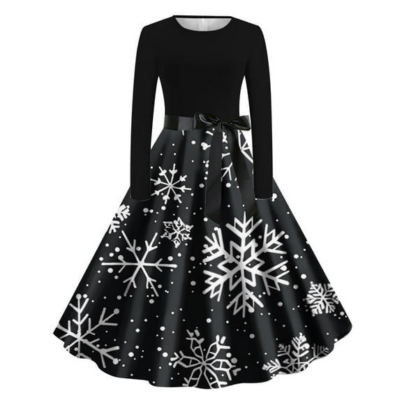 Yghzkop Christmas Dress for Women Long Sleeve Round Neck Printed Loose Fit Flared Maxi Dress Holiday Party Xmas formal Evening Gown with Large Flowy Skirt Festive Guest Dress