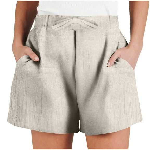 Yghzkop Cotton Linen Casual Shorts for Women Elastic Drawstring Waist Multi-Pocket Loose Fit Summer Streetwear Lightweight Versatile Daily Outfit