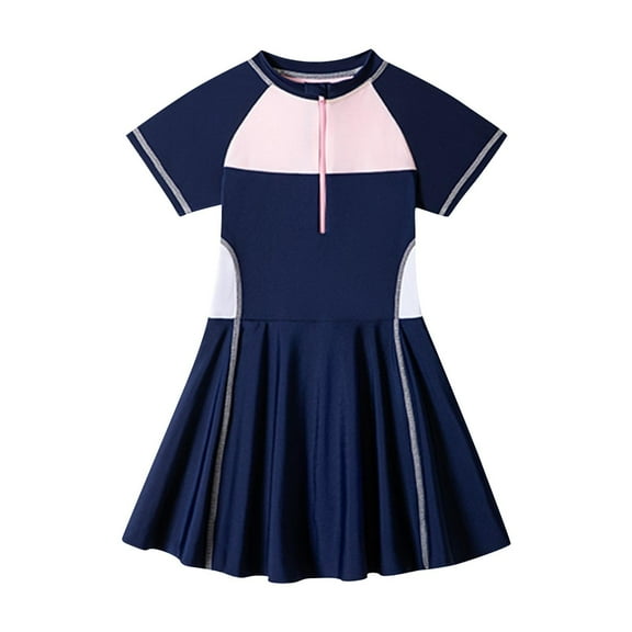 Yghzkop Fashion Girls' Solid Color Patchwork Swimsuit Short Sleeved Half Zipper Bottom Skirt Style Swimsuits UV Protection One Piece Swimwear Bathing Suit