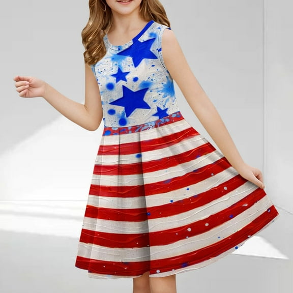 Yghzkop Girls' Summer 4th of July Independence Day Dress USA Flag Stars Graphic Dress Holiday Casual Sleeveless Crew Neck Patriotic Skirt Flower Girl Dress