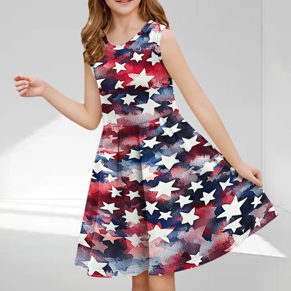 Yghzkop Girls' Summer 4th of July Independence Day Dress USA Flag Stars Graphic Dress Holiday Casual Sleeveless Crew Neck Patriotic Skirt Flower Girl Dress