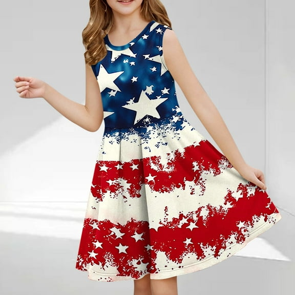 Yghzkop Girls' Summer 4th of July Independence Day Dress USA Flag Stars Graphic Dress Holiday Casual Sleeveless Crew Neck Patriotic Skirt Flower Girl Dress