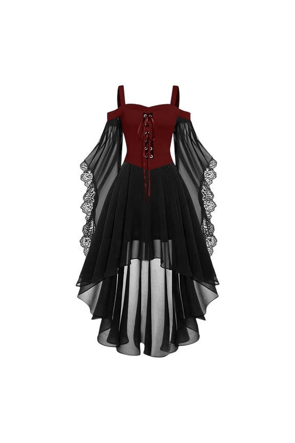 Gothic Court Dress for Women off Shoulder Mesh Lace Patchwork Suspender Halloween Costume Elegant Vampire Ball Gown Renaissance Velvet Long Sleeve Dark Queen Party
