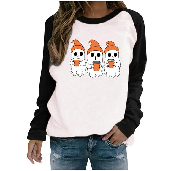 Yghzkop Halloween Sweatshirts for Women Spooky Season Graphic Oversized T-shirts Pullover Printed Long Sleeve Hoodie Round Neck Loose Blouse Fall Casual Tops