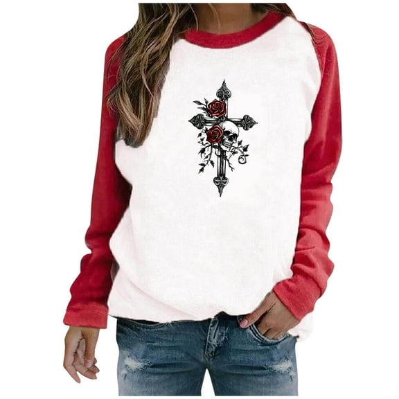 Yghzkop Halloween Sweatshirts for Women Spooky Season Graphic Oversized T-shirts Pullover Printed Long Sleeve Hoodie Round Neck Loose Blouse Fall Casual Tops