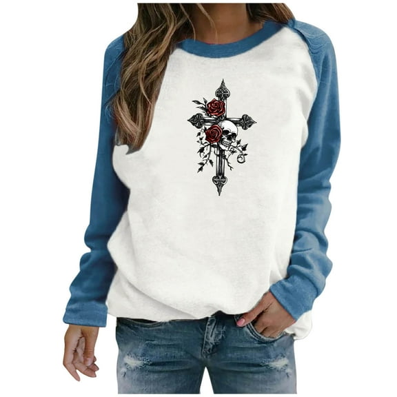 Yghzkop Halloween Sweatshirts for Women Spooky Season Graphic Oversized T-shirts Pullover Printed Long Sleeve Hoodie Round Neck Loose Blouse Fall Casual Tops