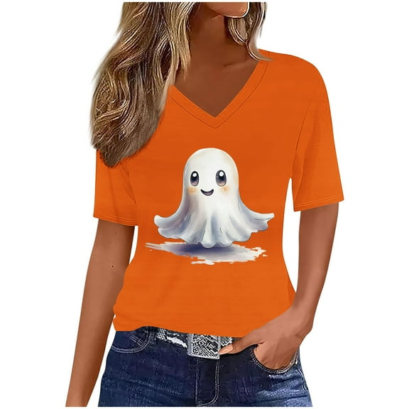 Yghzkop Halloween T-Shirts for Women Printed V Neck Casual Short Sleeve Blouse Tops Loose Fit Tee Pumpkin Bat Graphic Fall Party Comfortable Summer Cotton Shirts