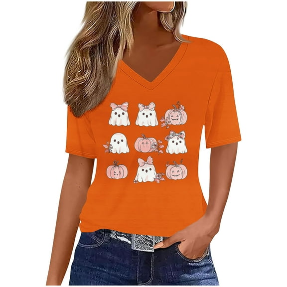 Yghzkop Halloween T-Shirts for Women Printed V Neck Casual Short Sleeve Blouse Tops Loose Fit Tee Pumpkin Bat Graphic Fall Party Comfortable Summer Cotton Shirts