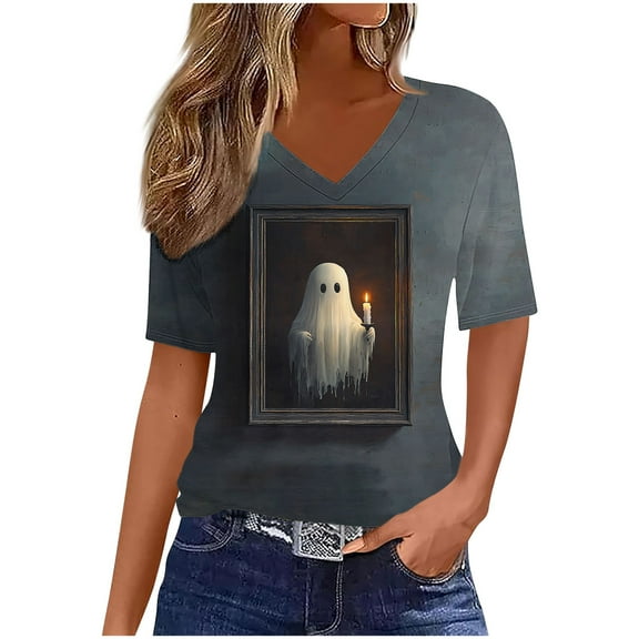 Yghzkop Halloween T-Shirts for Women Printed V Neck Casual Short Sleeve Blouse Tops Loose Fit Tee Pumpkin Bat Graphic Fall Party Comfortable Summer Cotton Shirts