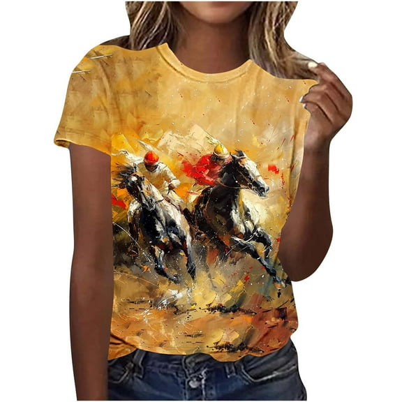 Yghzkop Horse Print Graphic Tees for Women Round Neck Pullover T-Shirts Casual Cotton Short Sleeve Retro Equestrian Style Breathable Stretch Fabric Summer Outdoor Streetwear Tops