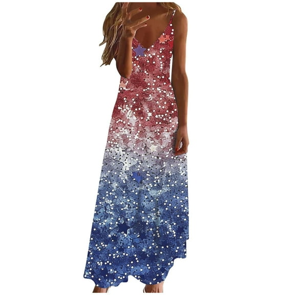 Yghzkop Independence Day Maxi Dresses for Women Printed Sundress A-Line Summer Sleeveless V Neck Pleated Beach Dress Loose Fit Party Vacation Dress