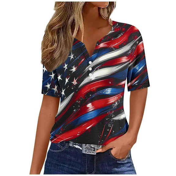 Yghzkop Independence Day Patriotic Shirt for Women Summer 4th of July V-Neck Short Sleeve Tops USA Flag Stars Stripes Graphic Button T-Shirts Loose Breathable Comfy Blouse Clothing