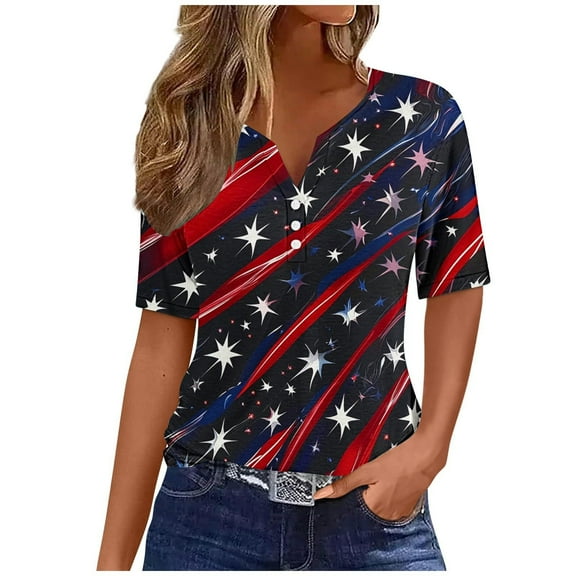 Yghzkop Independence Day Patriotic Shirt for Women Summer 4th of July V-Neck Short Sleeve Tops USA Flag Stars Stripes Graphic Button T-Shirts Loose Breathable Comfy Blouse Clothing