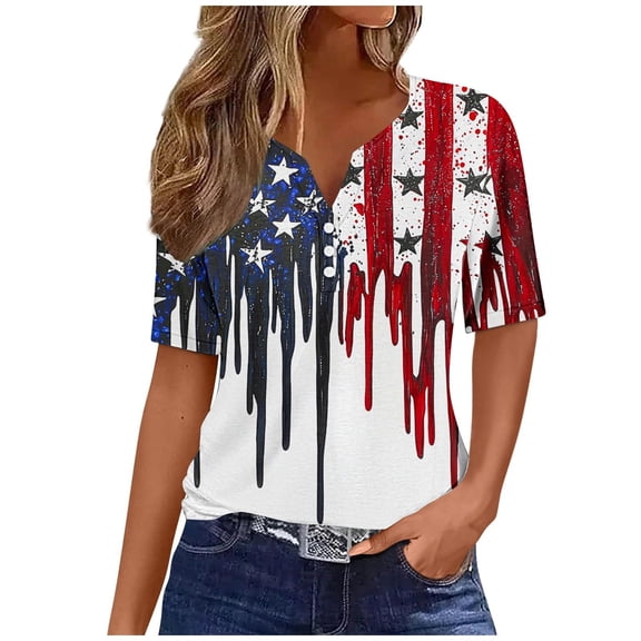 Yghzkop Independence Day Patriotic Shirt for Women Summer 4th of July V-Neck Short Sleeve Tops USA Flag Stars Stripes Graphic Button T-Shirts Loose Breathable Comfy Blouse Clothing