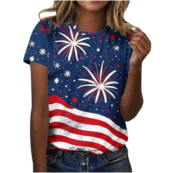 Yghzkop Independence Day Womens Summer T-Shirts 4th of July Patriotic Print Round Neck Shirt Casual Short Sleeve Soft Cotton Top Loose Lightweight Party Holiday Blouse Outfit