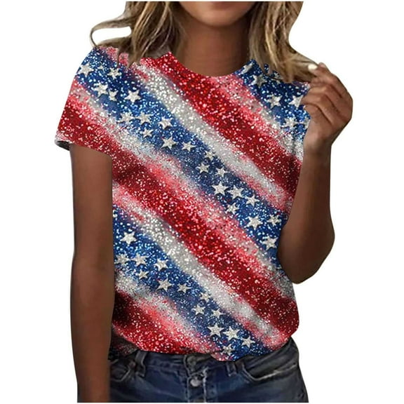 Yghzkop Independence Day Womens Summer T-Shirts 4th of July Patriotic Print Round Neck Shirt Casual Short Sleeve Soft Cotton Top Loose Lightweight Party Holiday Blouse Outfit