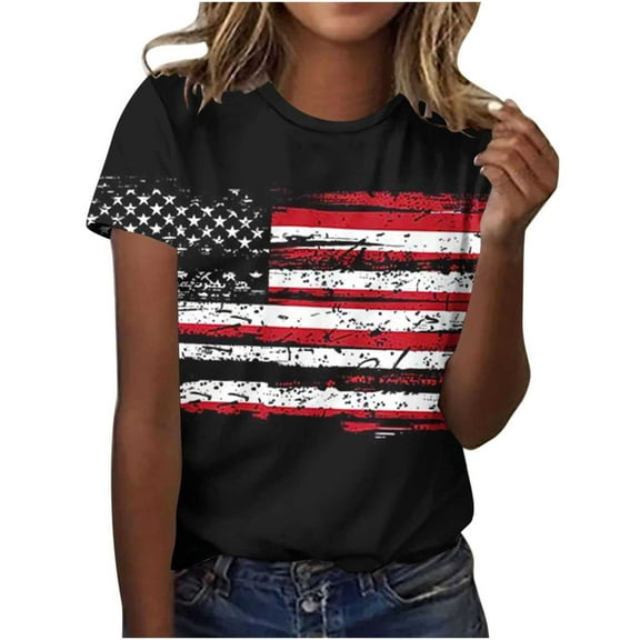 Yghzkop Independence Day Womens Summer T-Shirts 4th of July Patriotic Print Round Neck Shirt Casual Short Sleeve Soft Cotton Top Loose Lightweight Party Holiday Blouse Outfit