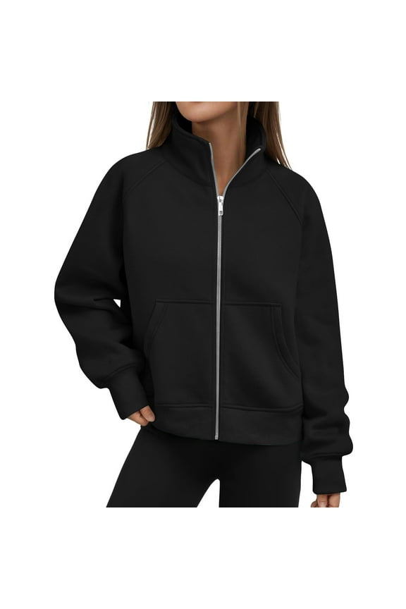 Jacket for Women Full Zip Front Sweatshirts Long Sleeve Pocketed Hoodie Alternative Casual Sporty Outerwear Solid Color Fleece Lined Pullover Top Warm Winter Athleisure Layer