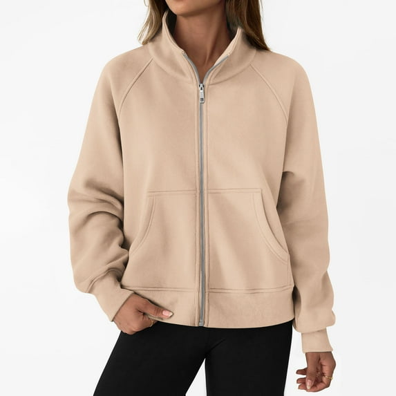 Yghzkop Jacket for Women Full Zip Front Sweatshirts Long Sleeve Pocketed Hoodie Alternative Casual Sporty Outerwear Solid Color Fleece Lined Pullover Top Warm Winter Athleisure Layer