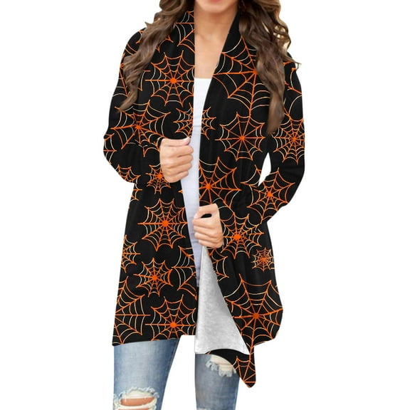 Yghzkop Jackets for Women Halloween Print Open Front Cardigan Casual Long Sleeve Cover Up Lightweight Kimono Style Fall Party Cozy Outerwear Witch theme Loose Blouses