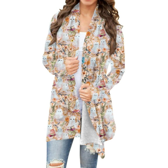 Yghzkop Jackets for Women Halloween Print Open Front Cardigan Casual Long Sleeve Cover Up Lightweight Kimono Style Fall Party Cozy Outerwear Witch theme Loose Blouses