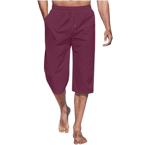 Yghzkop Men's Capri Pants Casual 7/8 Length Cotton Trousers Elastic Drawstring Waist Summer Breathable Street Fashion Pocket Pants for Travel