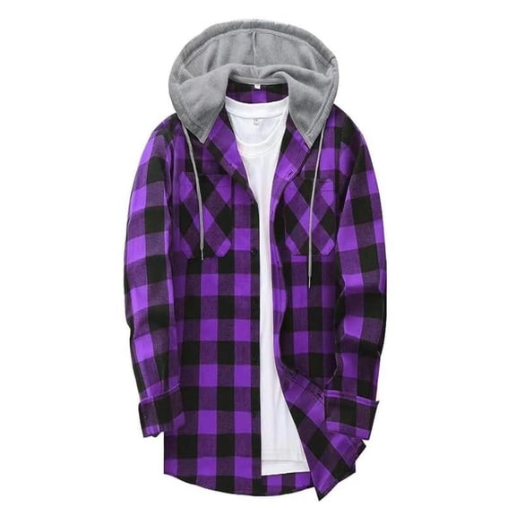 Yghzkop Men's Casual Patchwork Fashion Plaid Hooded Button Long Sleeve Shirt Blouse