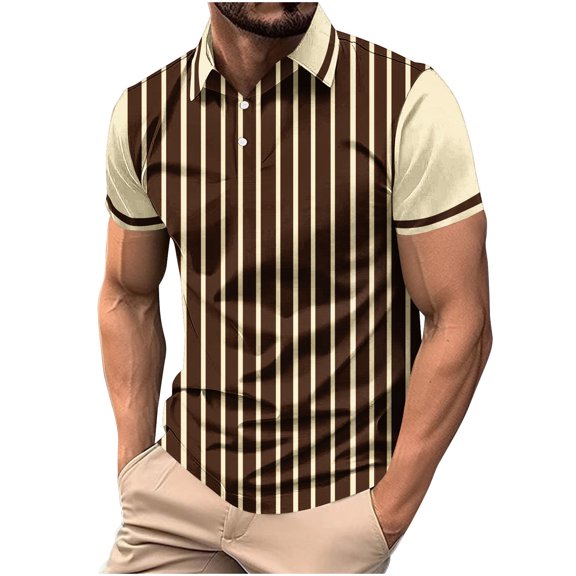 Yghzkop Men's Casual Solid Color Striped Print Button-Down T-Shirt Lightweight Breathable Summer Streetwear Fashion Top