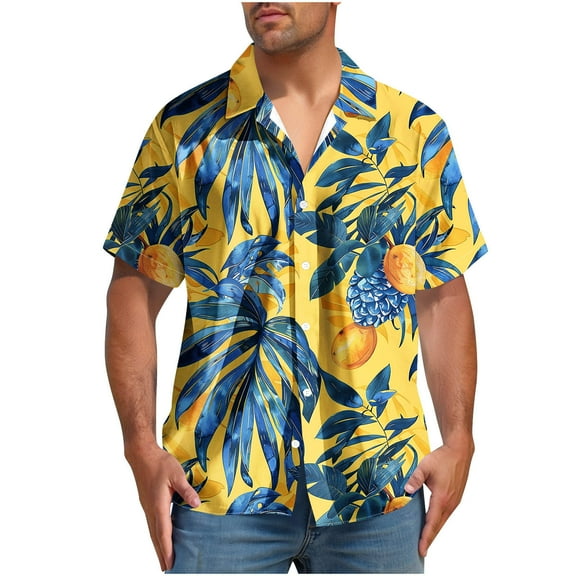 Yghzkop Men's Hawaiian Print Short Sleeve Shirt Button Down Turndown Collar Tropical Vacation Beach Party Aloha Casual Linen Shirt Summer Resort Wear