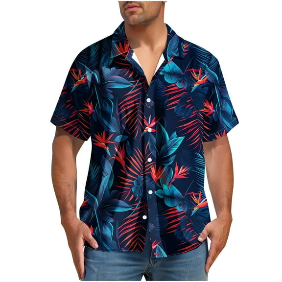 Yghzkop Men's Hawaiian Print Short Sleeve Shirt Button Down Turndown Collar Tropical Vacation Beach Party Aloha Casual Linen Shirt Summer Resort Wear