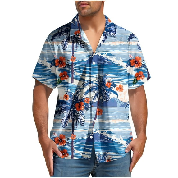 Yghzkop Men's Hawaiian Print Short Sleeve Shirt Button Down Turndown Collar Tropical Vacation Beach Party Aloha Casual Linen Shirt Summer Resort Wear