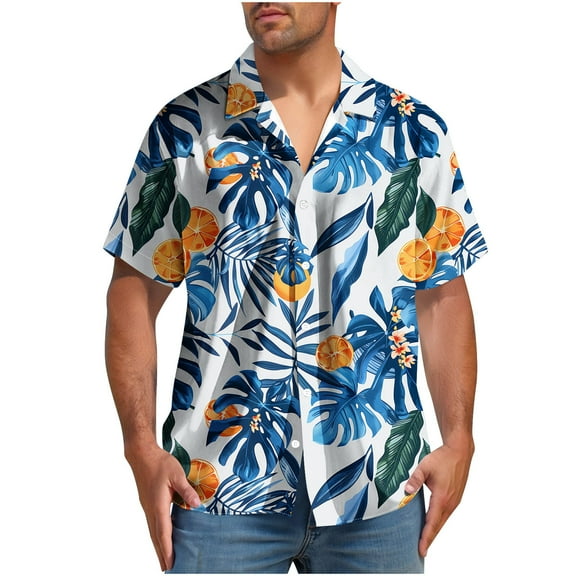 Yghzkop Men's Hawaiian Print Short Sleeve Shirt Button Down Turndown Collar Tropical Vacation Beach Party Aloha Casual Linen Shirt Summer Resort Wear