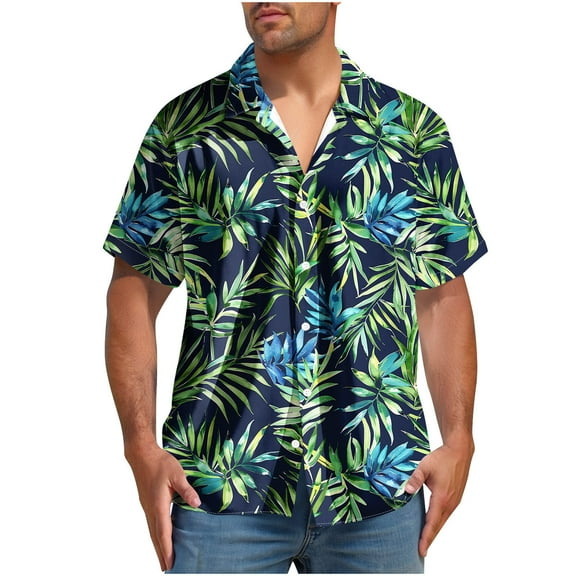 Yghzkop Men's Hawaiian Print Short Sleeve Shirt Button Down Turndown Collar Tropical Vacation Beach Party Aloha Casual Linen Shirt Summer Resort Wear