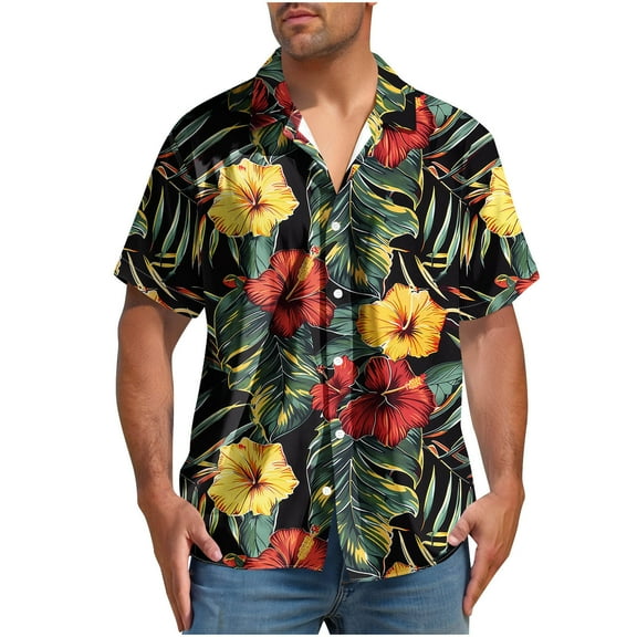 Yghzkop Men's Hawaiian Print Short Sleeve Shirt Button Down Turndown Collar Tropical Vacation Beach Party Aloha Casual Linen Shirt Summer Resort Wear