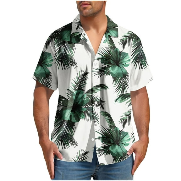 Yghzkop Men's Hawaiian Print Short Sleeve Shirt Button Down Turndown Collar Tropical Vacation Beach Party Aloha Casual Linen Shirt Summer Resort Wear