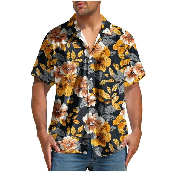 Yghzkop Men's Hawaiian Print Short Sleeve Shirt Button Down Turndown Collar Tropical Vacation Beach Party Aloha Casual Linen Shirt Summer Resort Wear