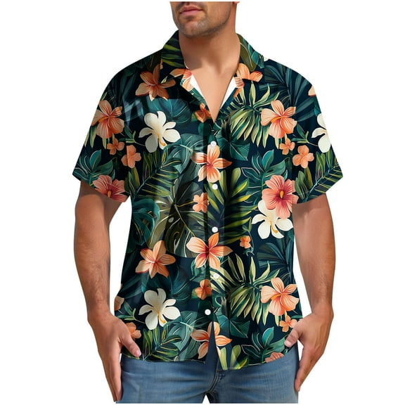 Yghzkop Men's Hawaiian Print Short Sleeve Shirt Button Down Turndown Collar Tropical Vacation Beach Party Aloha Casual Linen Shirt Summer Resort Wear