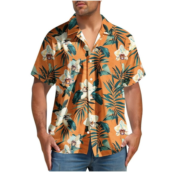Yghzkop Men's Hawaiian Print Short Sleeve Shirt Button Down Turndown Collar Tropical Vacation Beach Party Aloha Casual Linen Shirt Summer Resort Wear