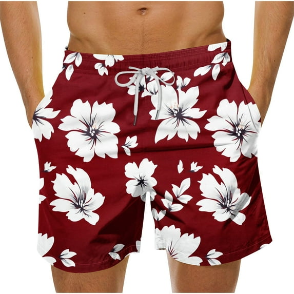 Yghzkop Men's Hawaiian Print Swim Shorts Tropical Floral Beach Trunks Quick Dry Board Shorts Elastic Waist Mesh Lined Vacation Pool Party Short Pants