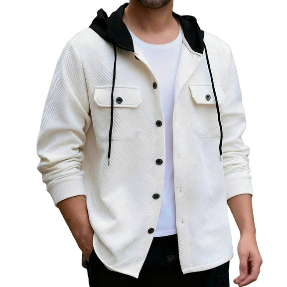 Yghzkop Men's Hooded Jacket Color Block Long Sleeve Button Front Sporty Casual Coat with Drawstring Pockets Outdoor Streetwear Lightweight Warm Autumn Urban Wear Top