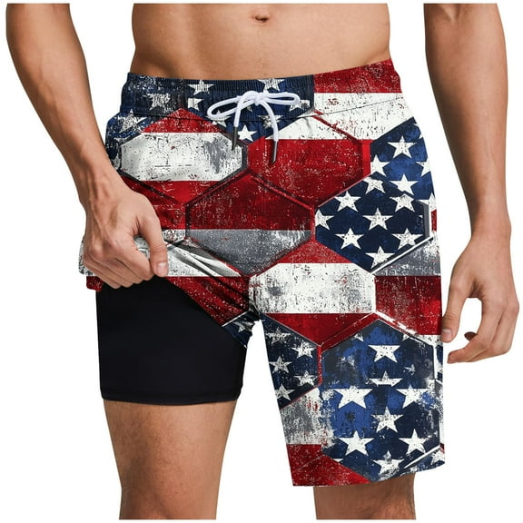 Yghzkop Men's Patriotic Print Swim Trunks Mesh Lined Beach Shorts Elastic Waist Quick Dry Board Shorts with Pockets for Pool Party Vacation