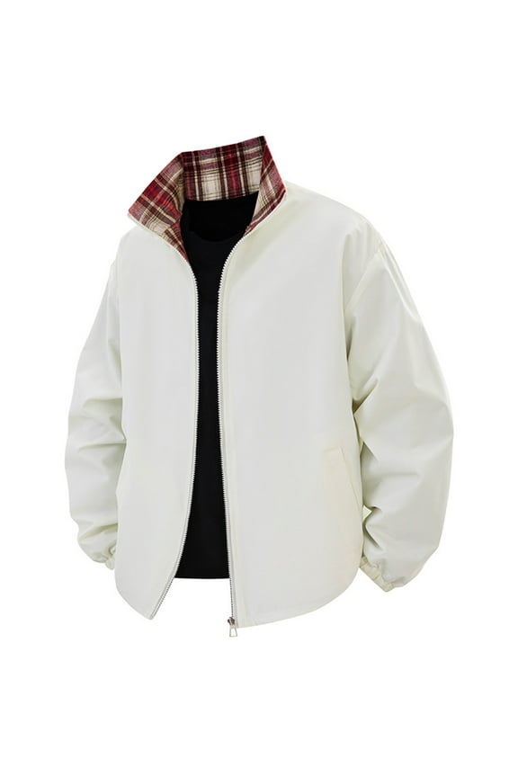 Men's Reversible Plaid Jacket Solid Color Stand Collar Dual Zipper Pockets Long Sleeve Water Resistant Windbreaker Outdoor Coat Hiking Camping Convertible Wear