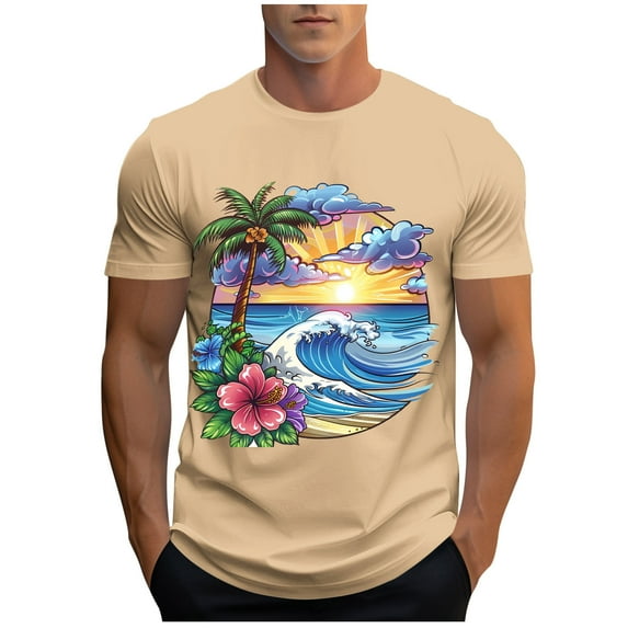 Yghzkop Men's Shirts Hawaiian Print Athletic T-Shirt Short Sleeve Round Neck Moisture Wicking Quick Dry Gym Beach Party Vacation Top Casual Streetwear