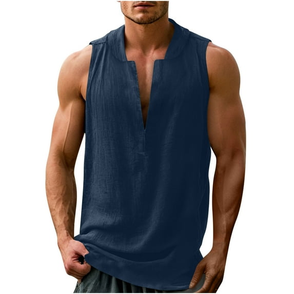 Yghzkop Men's V-Neck Sleeveless Cotton-Linen Blend Tank Top Lightweight Breathable Summer Beach Shirt Boho Casual Streetwear
