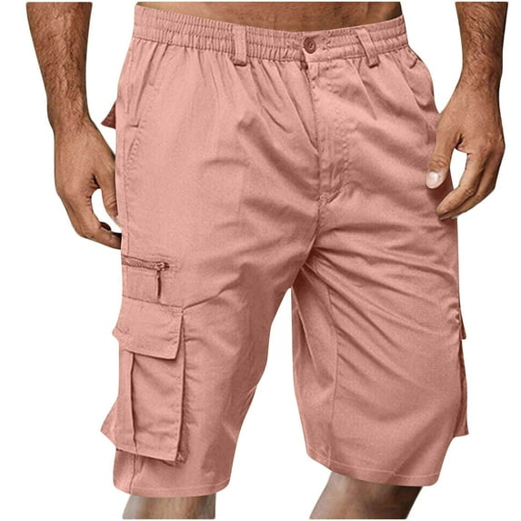 Yghzkop Mens Cargo Shorts Multi Pocket Elastic Waist Flat Front Button Fly Zipper Closure Casual Solid Color Knee Length Workwear Short Pants Outdoor Hiking Travel Streetwear Summer Comfort Fit