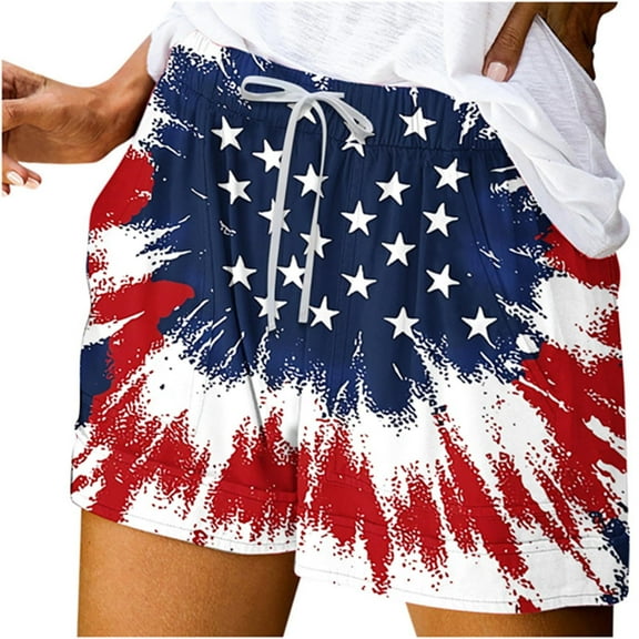 Yghzkop Patriotic 4th of July Shorts Women Star Print Casual Bandage Waist Beachwear BBQ Party Holiday Summer Outfit